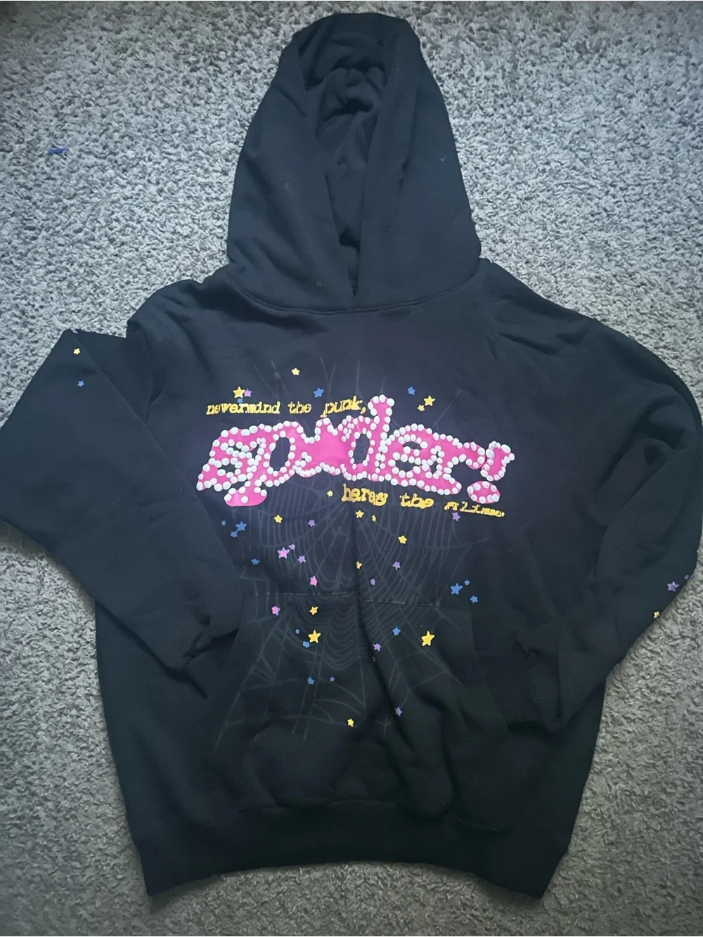 Men's Black Crewneck Hoodie with Pink Studded Script Graphic